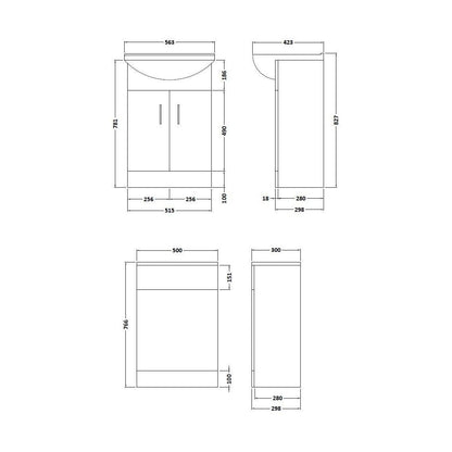 [BFCR001SB] Cloakroom Furniture Pack - Cabinet, Square Basin, WC Unit, Concealed Cistern, Back to Wall Pan and Soft Close Seat - Gloss White - Technical Drawing