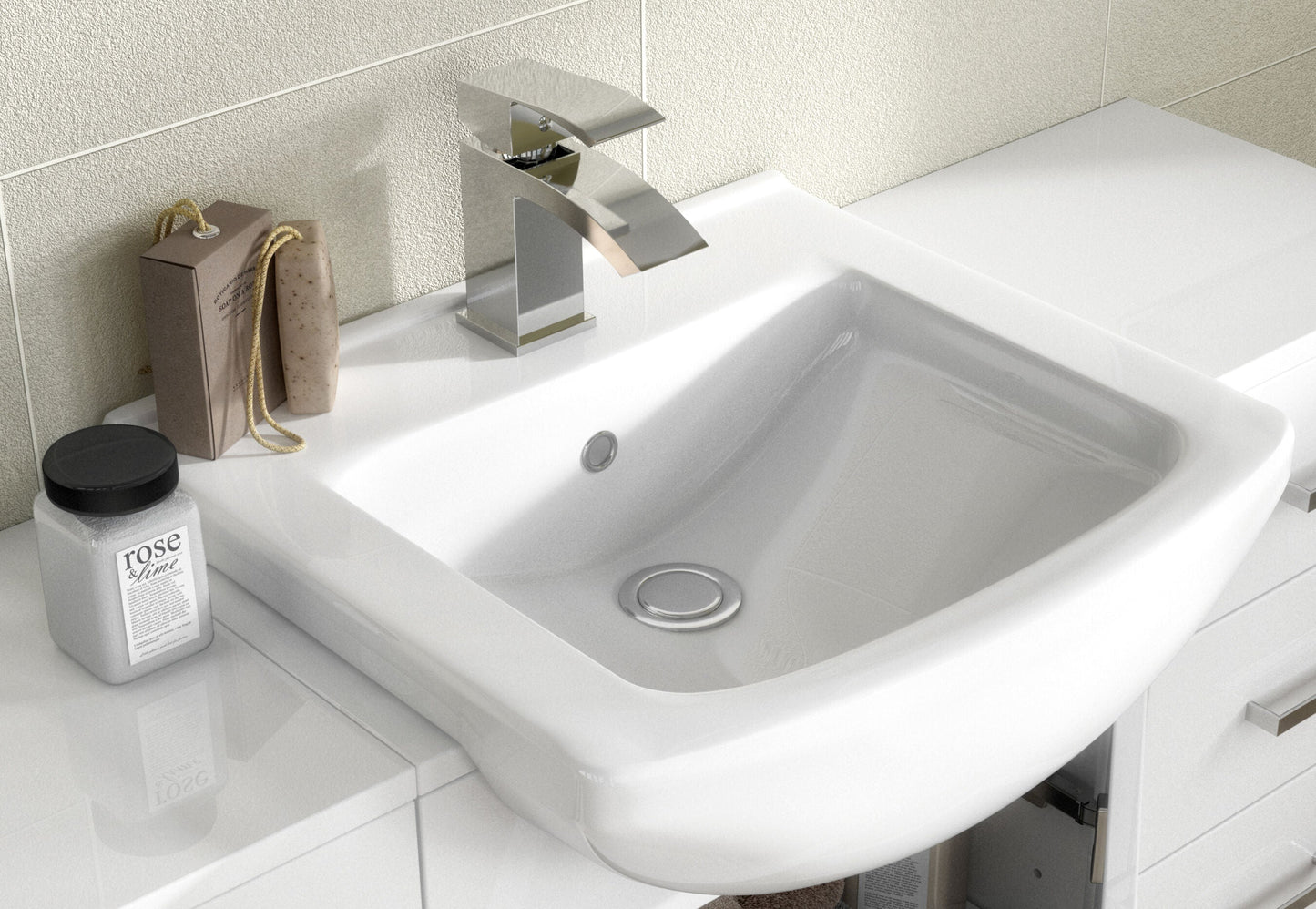 [BFCR001SB] Cloakroom Furniture Pack - Cabinet, Square Basin, WC Unit, Concealed Cistern, Back to Wall Pan and Soft Close Seat - Gloss White - Lifestyle 1