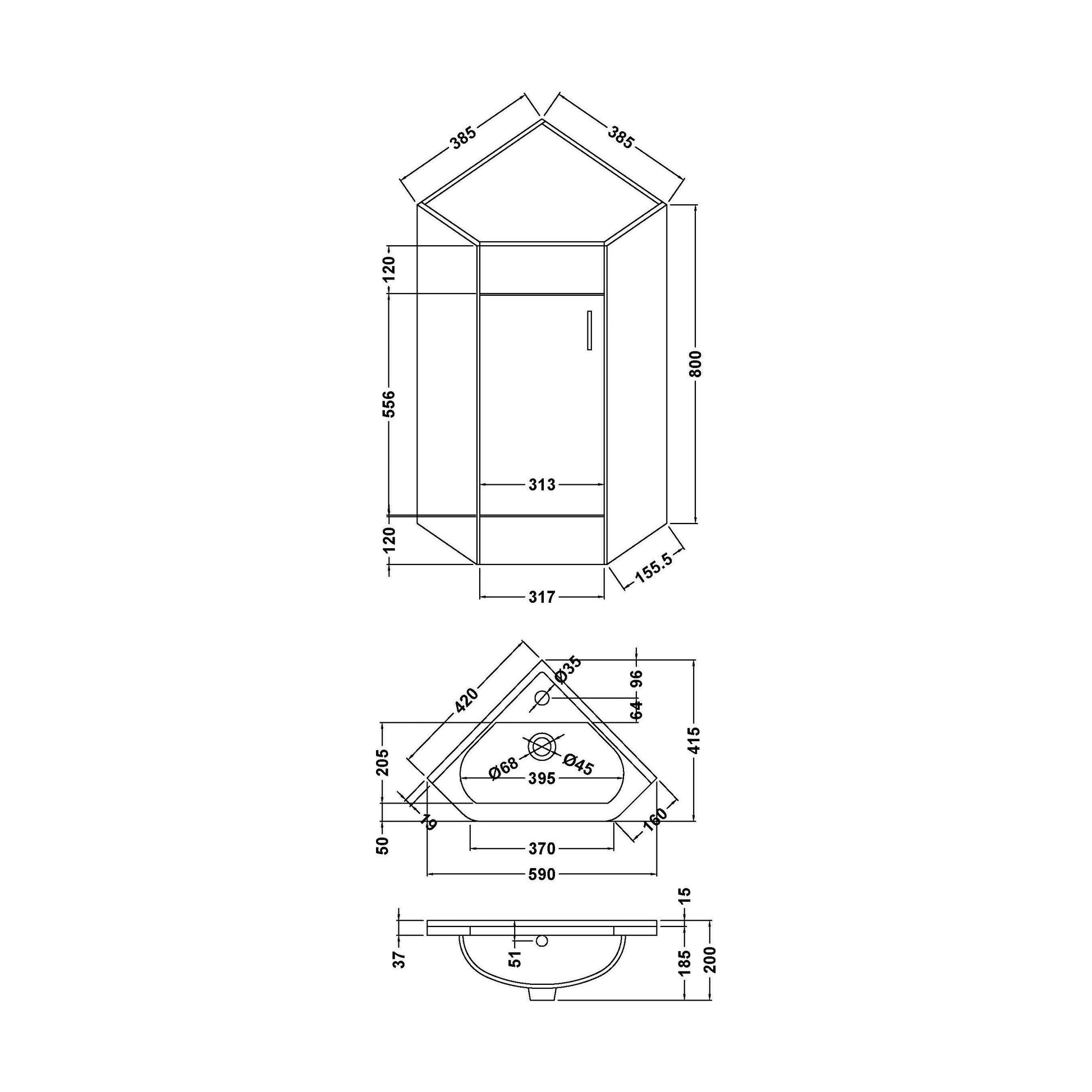 [BFCR001] Hamstall Gloss White Corner Bathroom Cloakroom Vanity Basin Unit - 1 or 2 Door Option - Technical Drawing