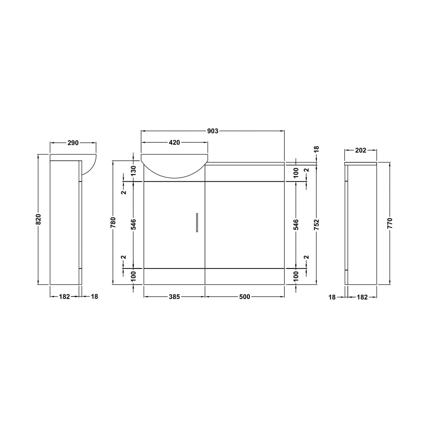 [BFCR002] Cloakroom Furniture Pack - Includes Cabinet, Basin, WC Unit, Cistern, Back to Wall Toilet Pan and Soft Close Seat - Gloss White - Technical Drawing