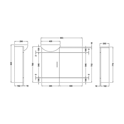 [BFCR002] Cloakroom Furniture Pack - Includes Cabinet, Basin, WC Unit, Cistern, Back to Wall Toilet Pan and Soft Close Seat - Gloss White - Technical Drawing