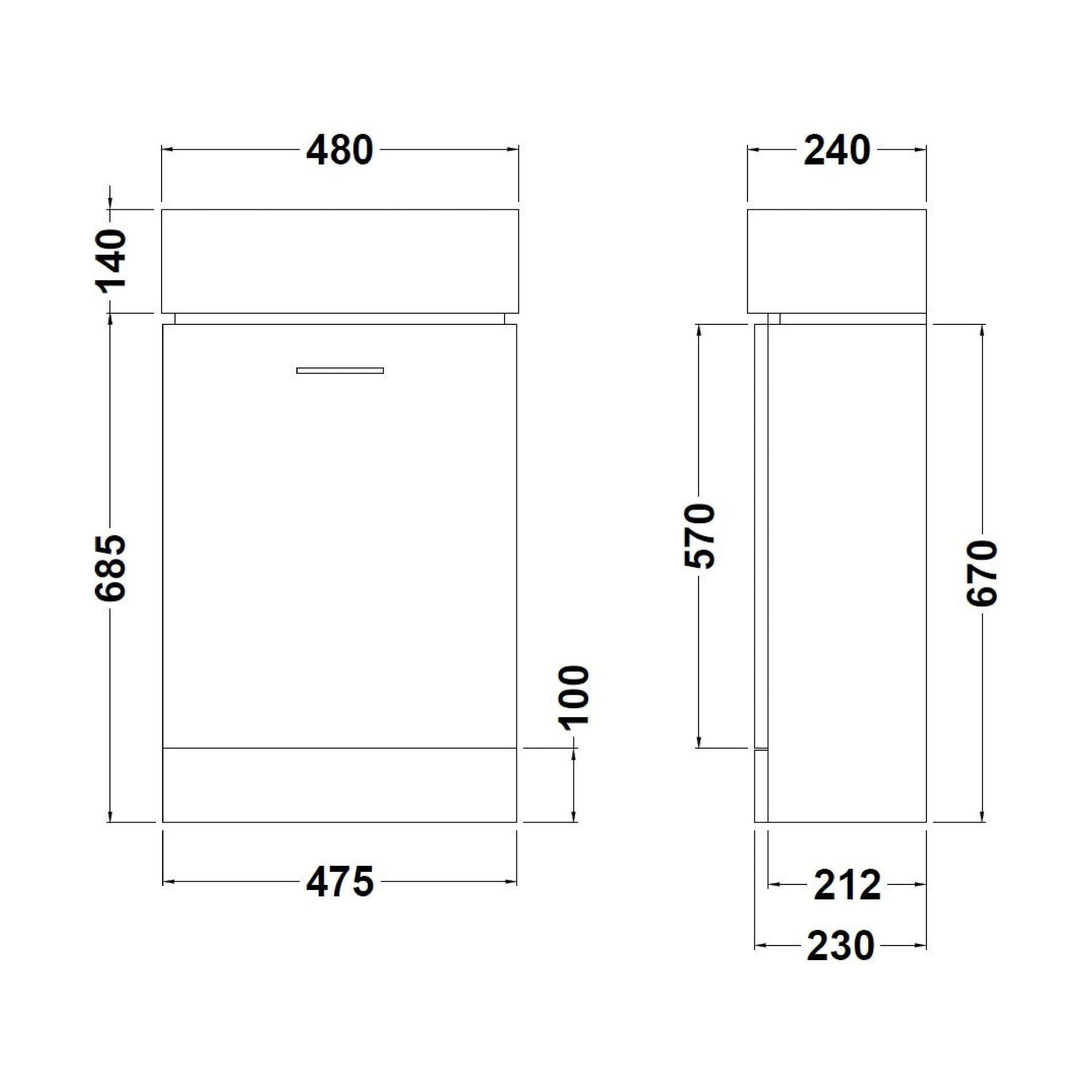 [BFCR058] One Door Cloakroom Vanity Basin Unit - 480mm - Gloss White - Technical Drawing