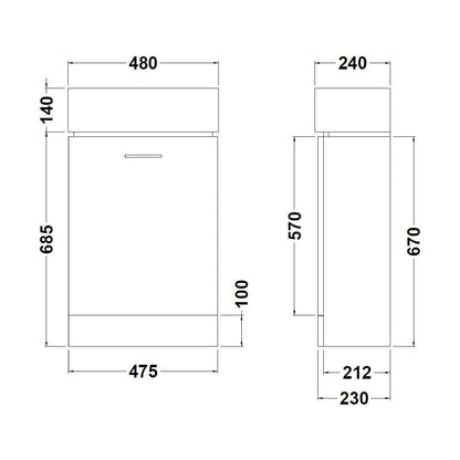 [BFCR058] One Door Cloakroom Vanity Basin Unit - 480mm - Gloss White - Technical Drawing