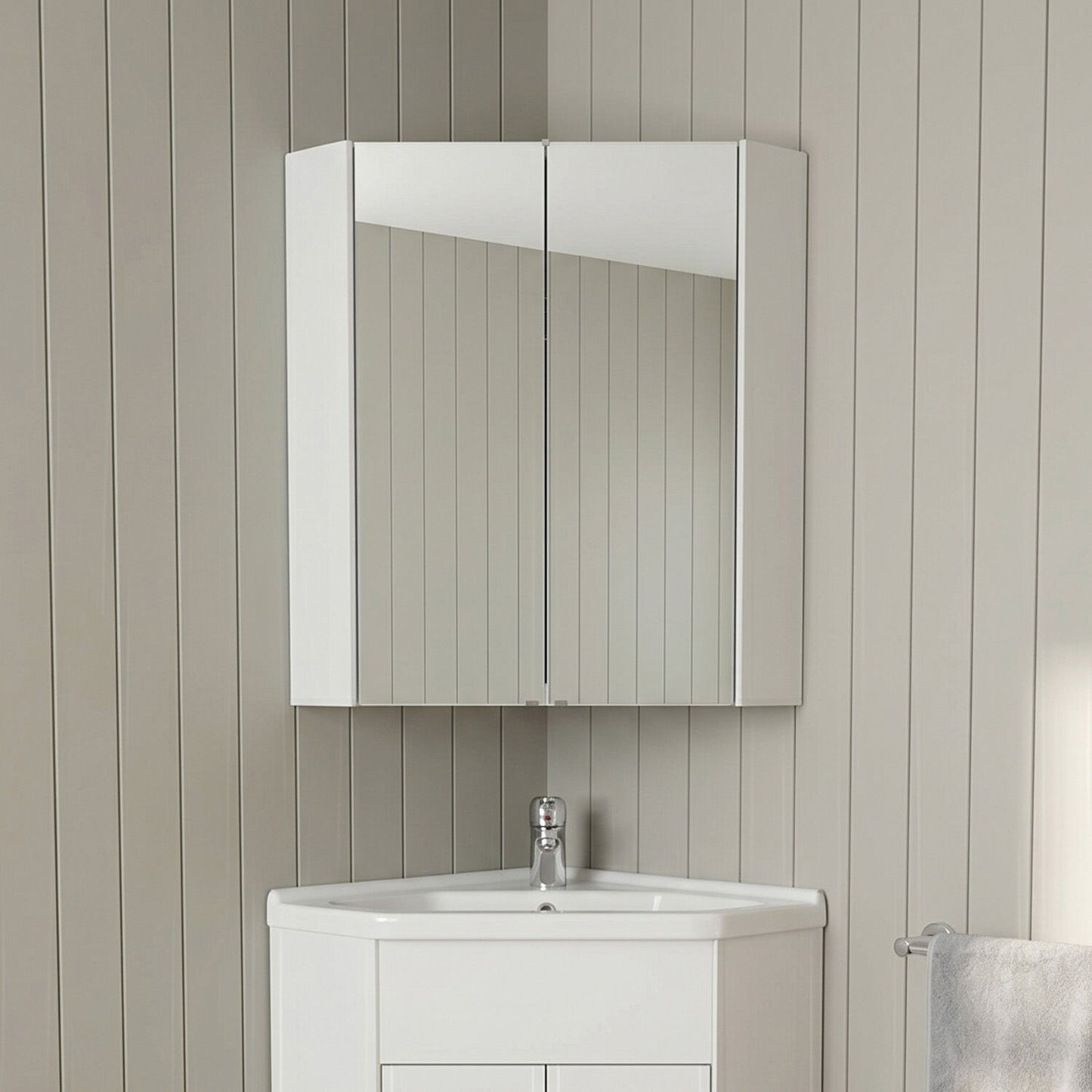 [BFCR118] Hamstall Contemporary Bathroom Single Door Corner Wall Hung Storage Mirror Cabinet Gloss White - Silo