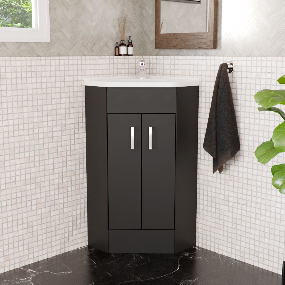 [BFCR1480A] Hamstall Floor Standing 2 Door Bathroom Corner Vanity Basin Unit, 837 x 590 x 415mm, Dark Grey - Lifestyle 1
