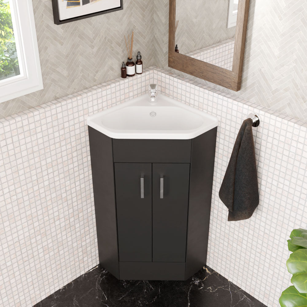 [BFCR1480A] Hamstall Floor Standing 2 Door Bathroom Corner Vanity Basin Unit, 837 x 590 x 415mm, Dark Grey - Lifestyle 2