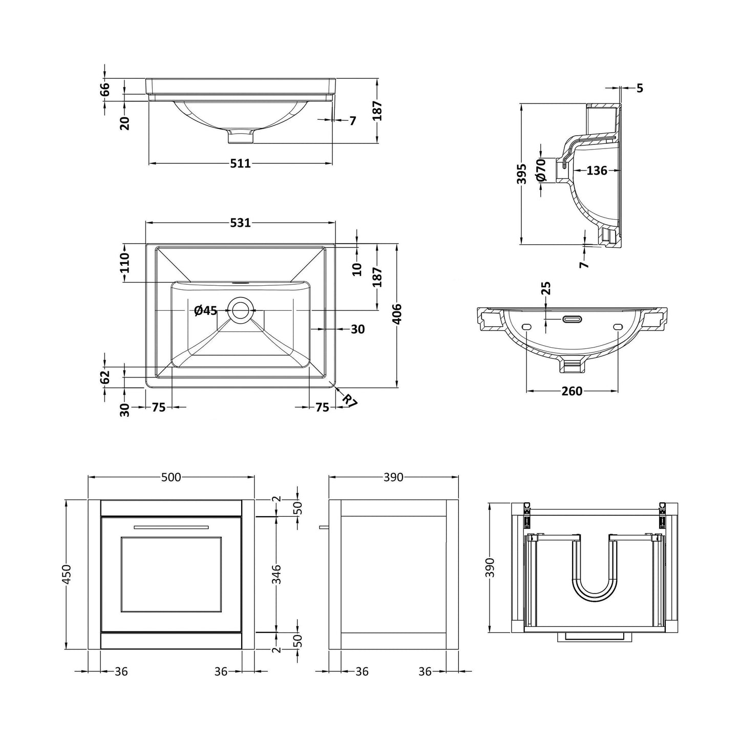 [BFCR1491H] Blithbury Traditional Wall Hung Vanity Basin Unit with Fireclay Basin - Choice of Size, Colour and Basin Type - Technical Drawing