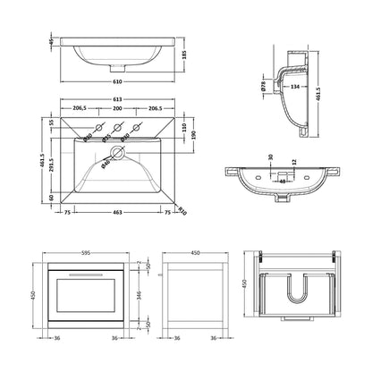 [BFCR1494M] Blithbury Traditional Bathroom Wall Hung Vanity with Modern Fireclay Basin Unit - Choice of Size, Colour and Basin Type - Technical Drawing