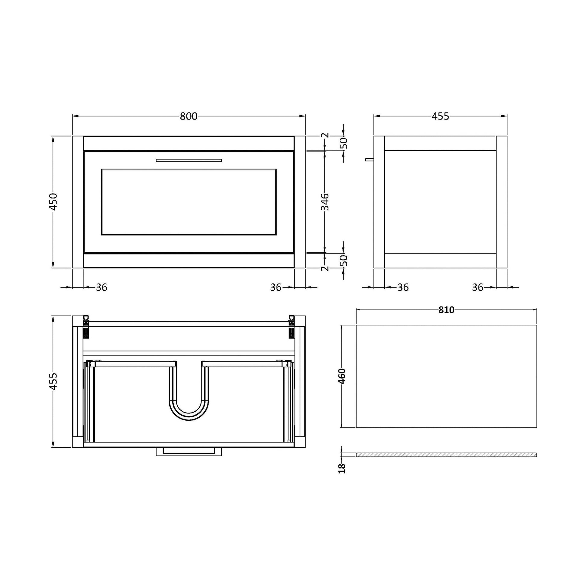 [BFCR1496CMT] Blithbury Traditional Bathroom Wall Hung Vanity Unit and Worktop - Choice of Size and Colour - Technical Drawing