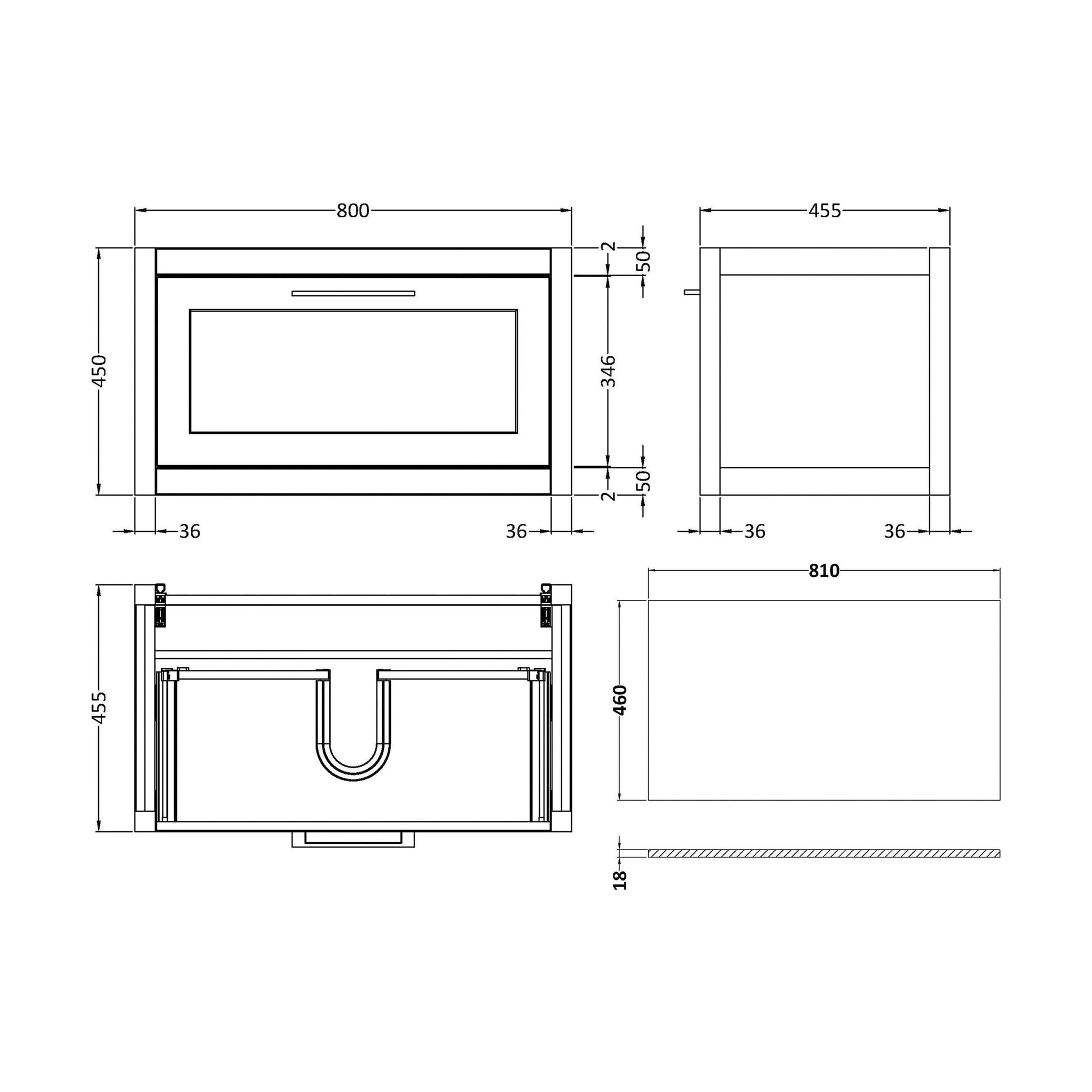 [BFCR1496GMT] Blithbury Traditional Bathroom Wall Hung Vanity Unit and Worktop - Choice of Size and Colour - Technical Drawing