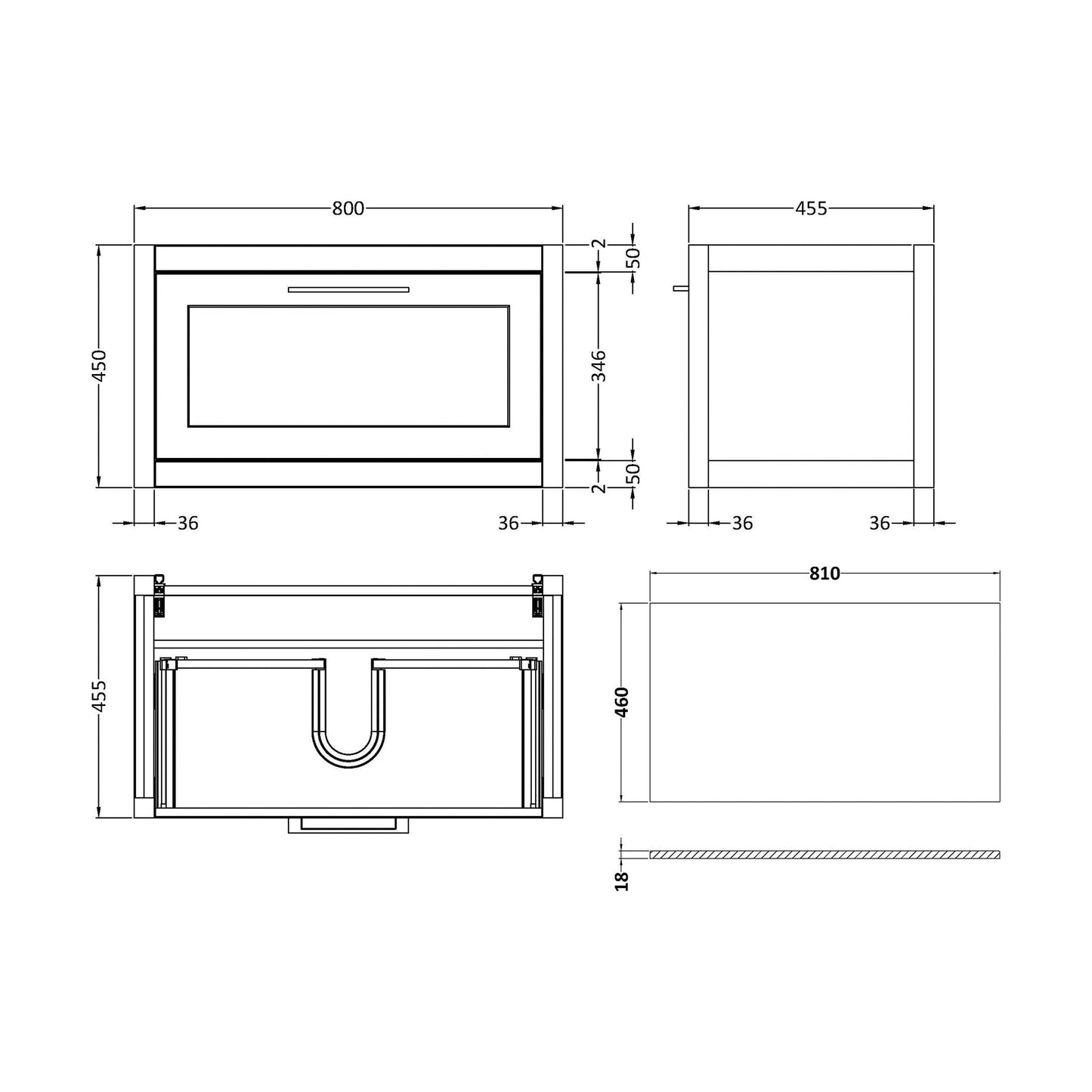 [BFCR1496WMT] Blithbury Traditional Bathroom Wall Hung Vanity Unit and Worktop - Choice of Size and Colour - Technical Drawing