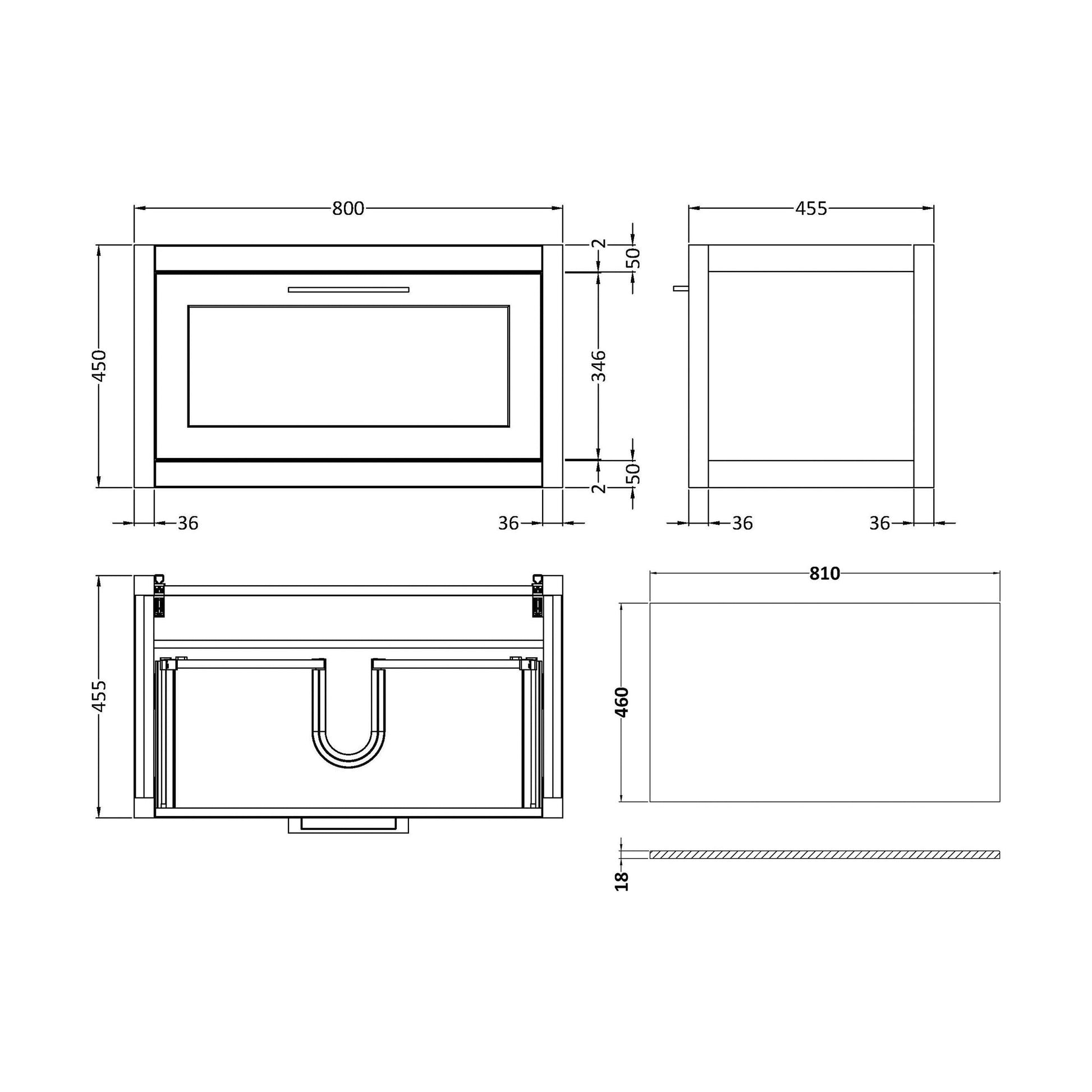 [BFCR1496WMT] Blithbury Traditional Bathroom Wall Hung Vanity Unit and Worktop - Choice of Size and Colour - Technical Drawing