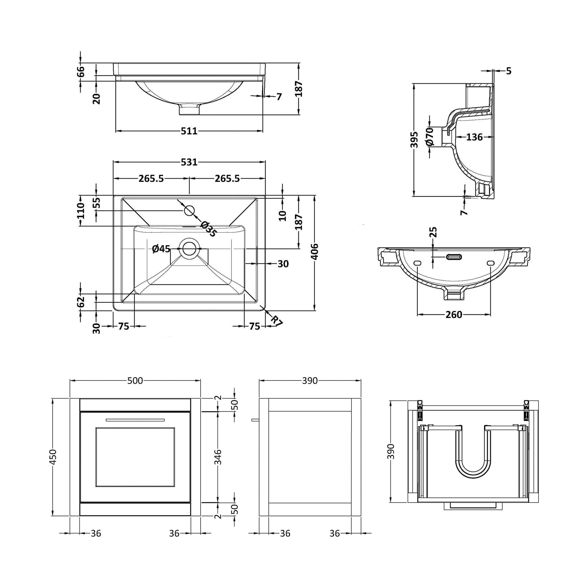 [BFCR191A] Blithbury Traditional Wall Hung Vanity Basin Unit with Fireclay Basin - Choice of Size, Colour and Basin Type - Technical Drawing
