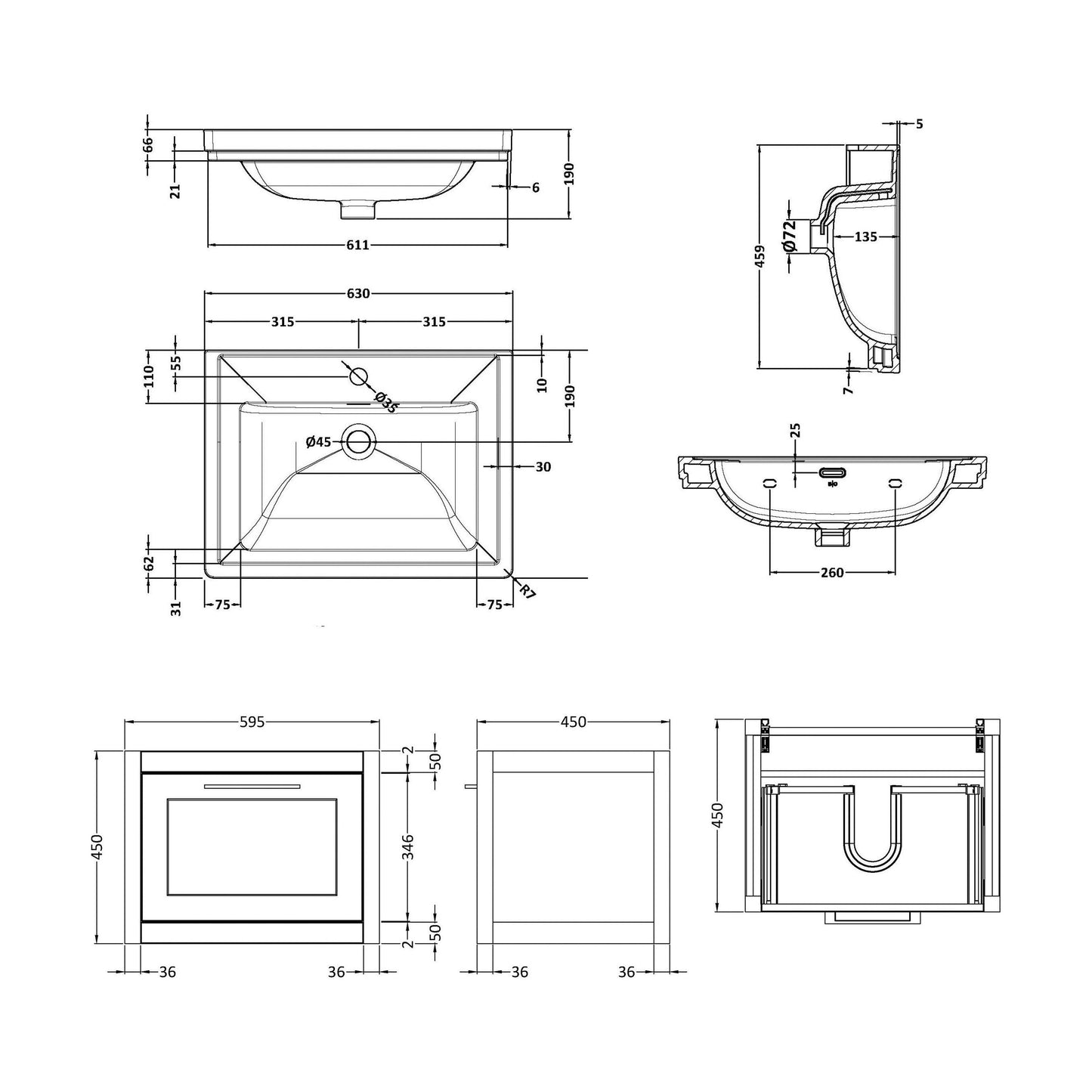 [BFCR194A] Blithbury Traditional Wall Hung Vanity Basin Unit with Fireclay Basin - Choice of Size, Colour and Basin Type - Technical Drawing