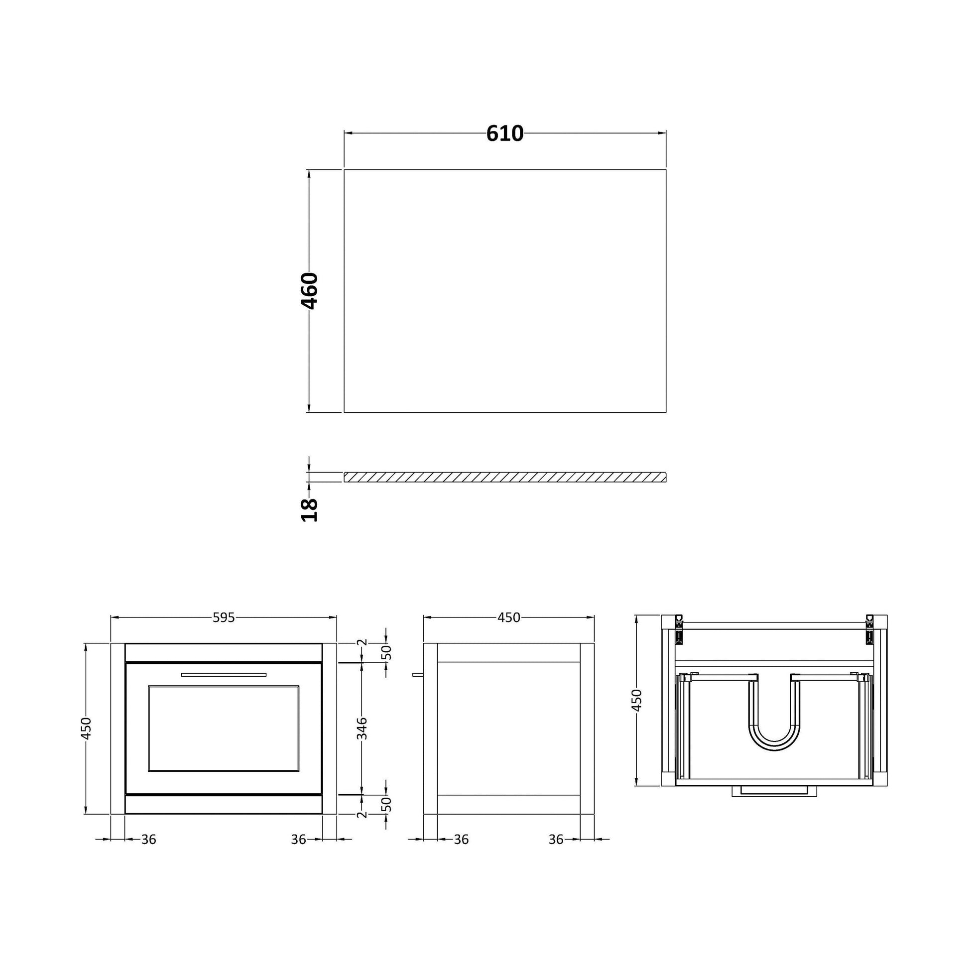 [BFCR194GMT] Blithbury Traditional Bathroom Wall Hung Vanity Unit and Worktop - Choice of Size and Colour - Technical Drawing