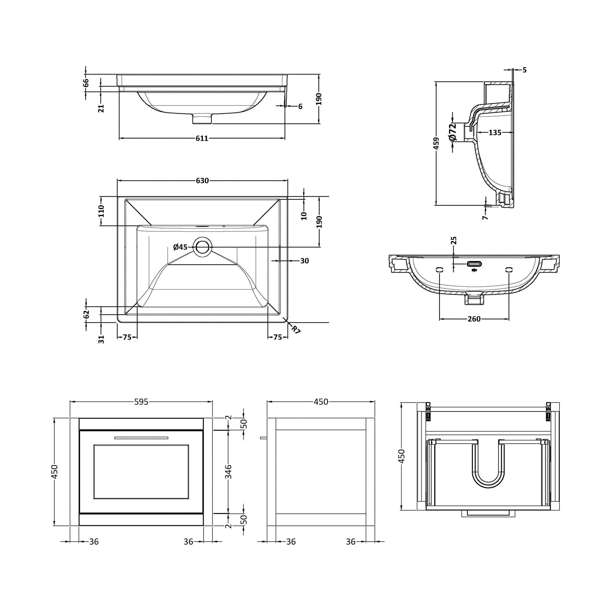 [BFCR194H] Blithbury Traditional Wall Hung Vanity Basin Unit with Fireclay Basin - Choice of Size, Colour and Basin Type - Technical Drawing