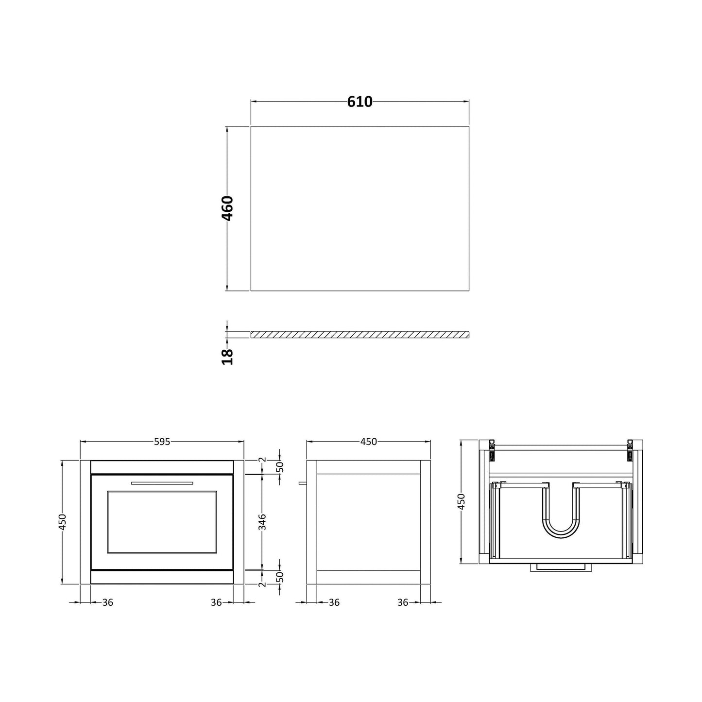 [BFCR194WMT] Blithbury Traditional Bathroom Wall Hung Vanity Unit and Worktop - Choice of Size and Colour - Technical Drawing