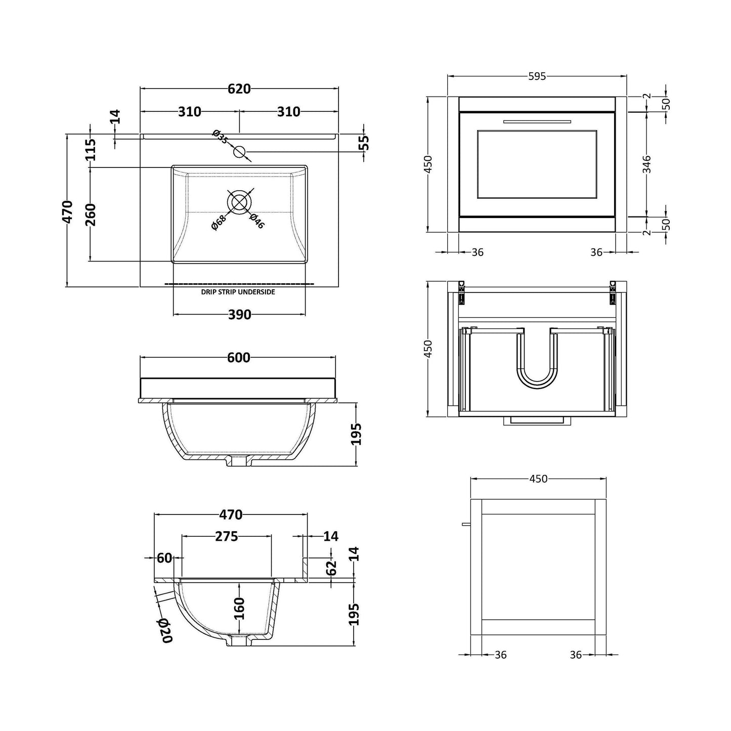 [BFCR194WS1] Blithbury Traditional Bathroom Wall Hung Vanity Unit and Marble Worktop Basin - Choice of Size and Colour - Technical Drawing