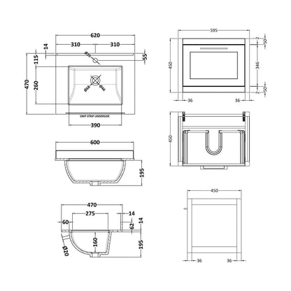 [BFCR194WS1] Blithbury Traditional Bathroom Wall Hung Vanity Unit and Marble Worktop Basin - Choice of Size and Colour - Technical Drawing