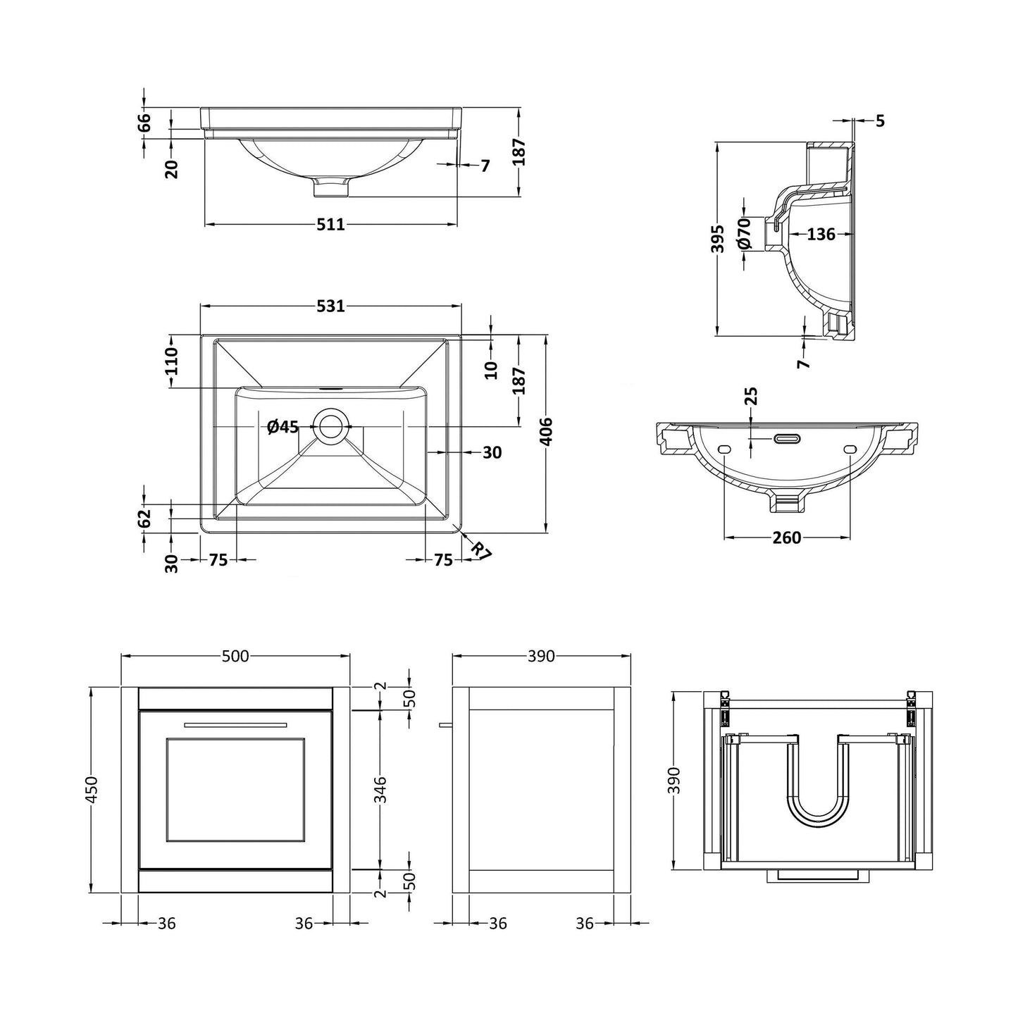 [BFCR291H] Blithbury Traditional Wall Hung Vanity Basin Unit with Fireclay Basin - Choice of Size, Colour and Basin Type - Technical Drawing