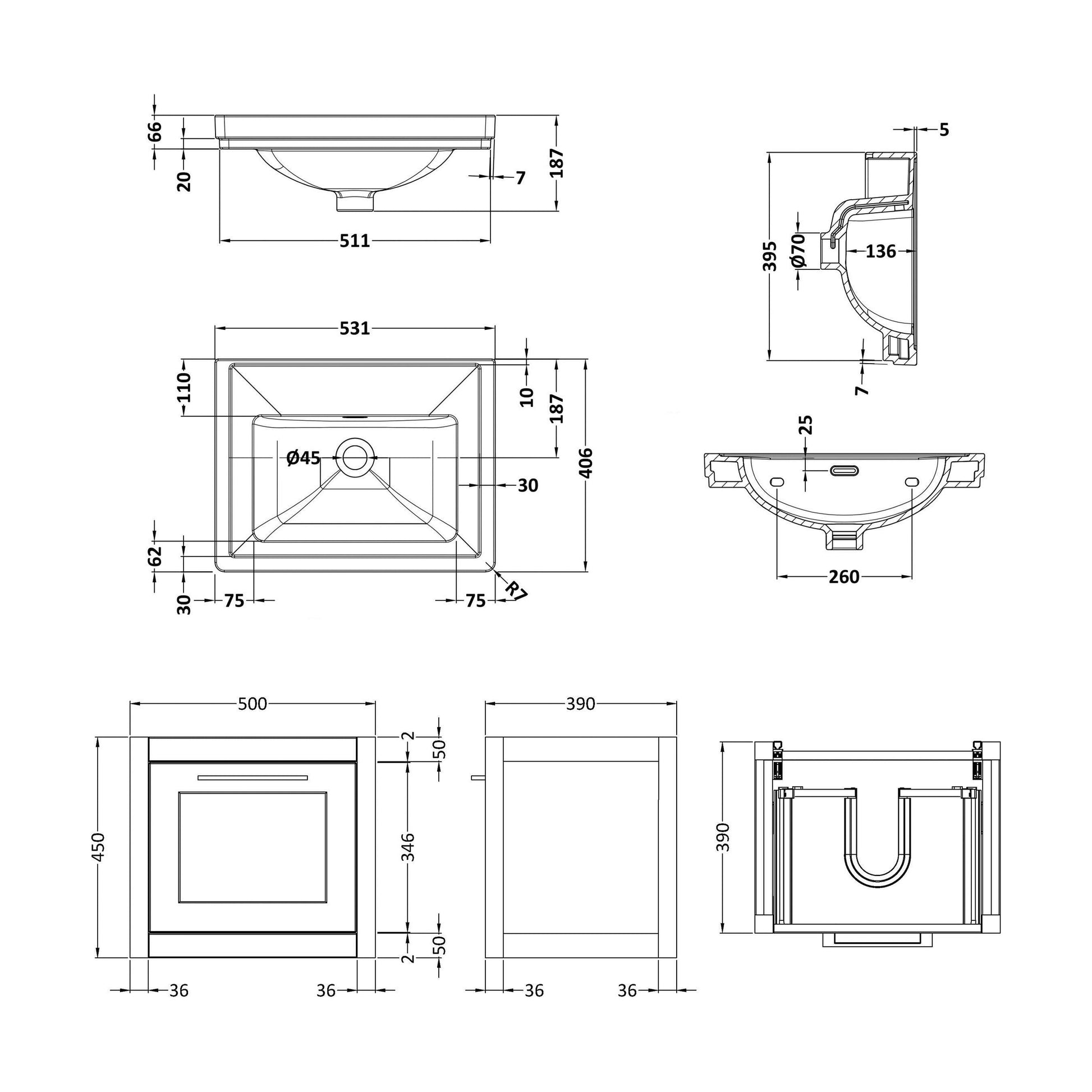 [BFCR291H] Blithbury Traditional Wall Hung Vanity Basin Unit with Fireclay Basin - Choice of Size, Colour and Basin Type - Technical Drawing
