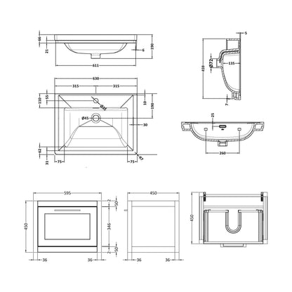 [BFCR294A] Blithbury Traditional Wall Hung Vanity Basin Unit with Fireclay Basin - Choice of Size, Colour and Basin Type - Technical Drawing