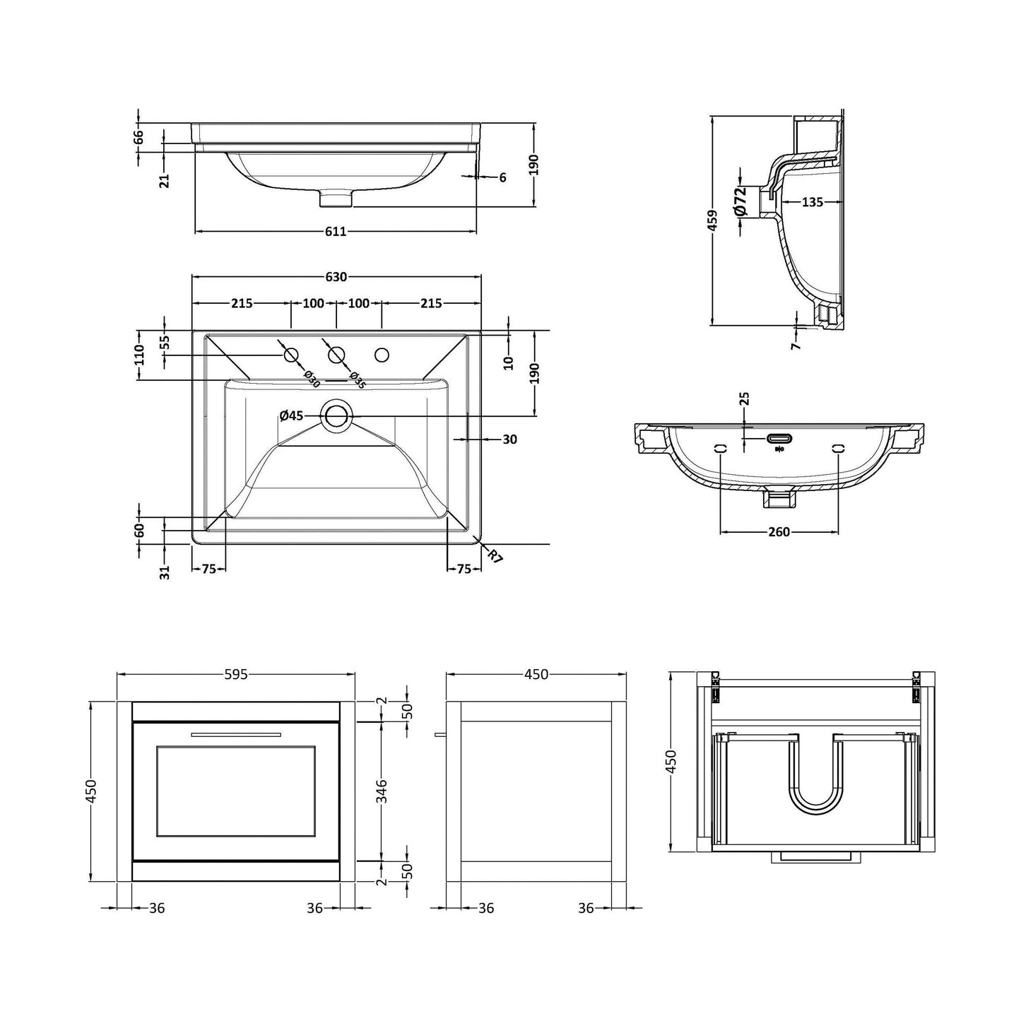 [BFCR294B] Blithbury Traditional Wall Hung Vanity Basin Unit with Fireclay Basin - Choice of Size, Colour and Basin Type - Technical Drawing