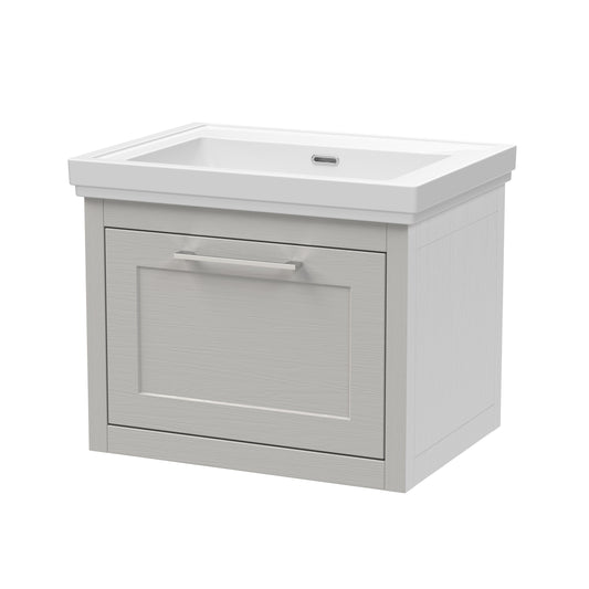 Traditional Bathroom Wall Hung 1 Drawer Vanity Unit and 0 Tap Hole Fireclay Basin, 600mm, Woodgrain Grey