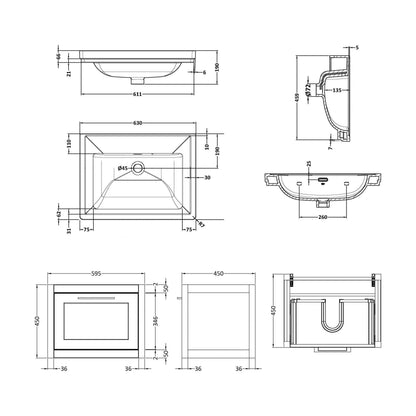 [BFCR294H] Blithbury Traditional Wall Hung Vanity Basin Unit with Fireclay Basin - Choice of Size, Colour and Basin Type - Technical Drawing
