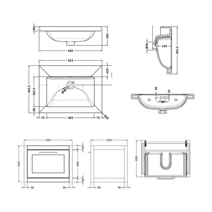 [BFCR294K] Blithbury Traditional Bathroom Wall Hung Vanity with Modern Fireclay Basin Unit - Choice of Size, Colour and Basin Type - Technical Drawing