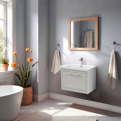 Traditional Bathroom Wall Hung 1 Drawer Vanity Unit and 1 Tap Hole Modern Fireclay Basin, 600mm, Woodgrain Grey