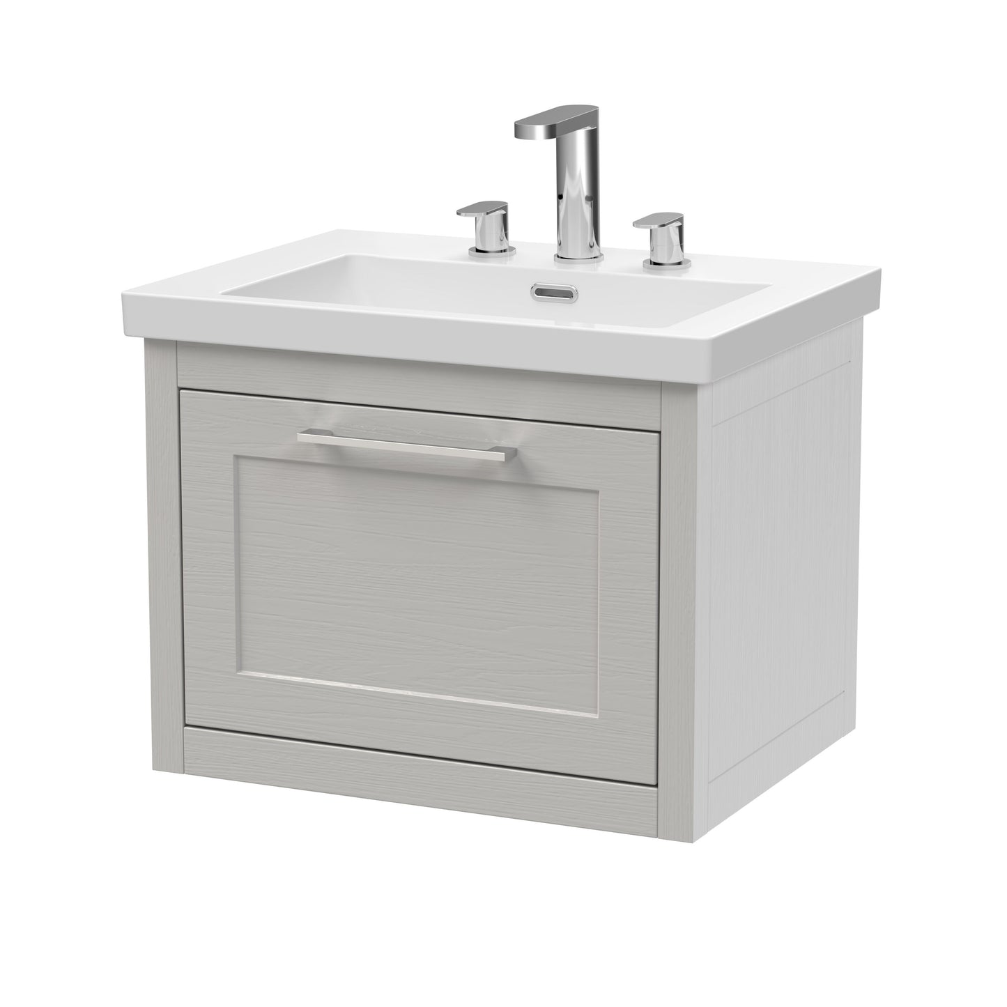 Traditional Bathroom Wall Hung 1 Drawer Vanity Unit and 3 Tap Hole Modern Fireclay Basin, 600mm, Woodgrain Grey