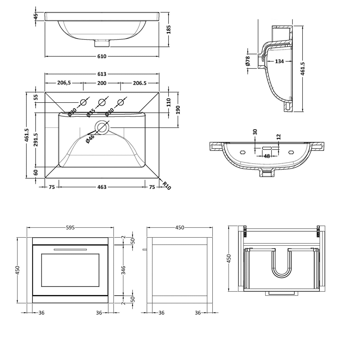 Traditional Bathroom Wall Hung 1 Drawer Vanity Unit and 3 Tap Hole Modern Fireclay Basin, 600mm, Woodgrain Grey