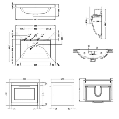 Traditional Bathroom Wall Hung 1 Drawer Vanity Unit and 3 Tap Hole Modern Fireclay Basin, 600mm, Woodgrain Grey