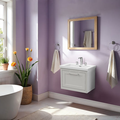 Traditional Bathroom Wall Hung 1 Drawer Vanity Unit and 3 Tap Hole Modern Fireclay Basin, 600mm, Woodgrain Grey