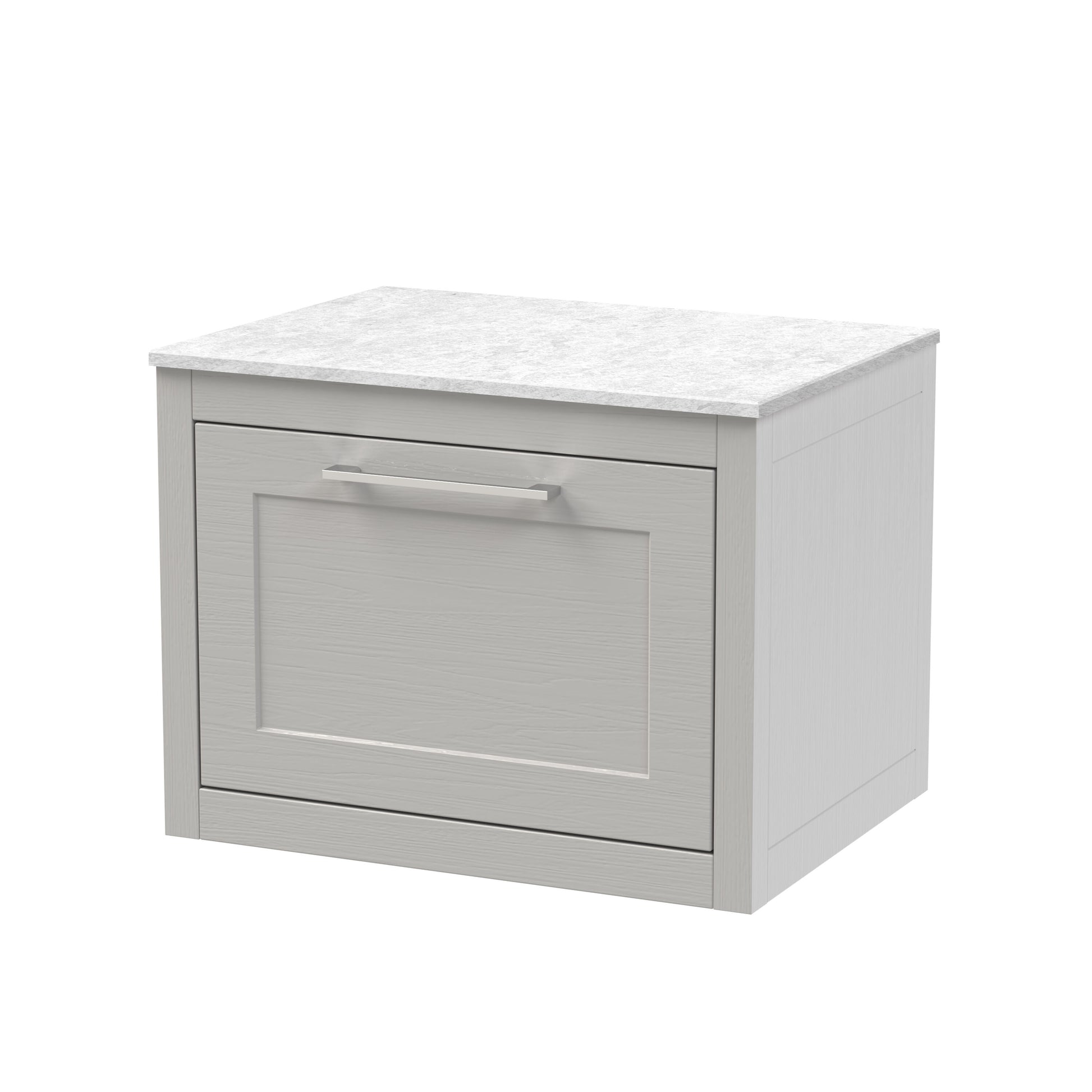 Traditional Bathroom Wall Hung 1 Drawer Vanity Unit and White Marble Worktop, 600mm, Woodgrain Grey