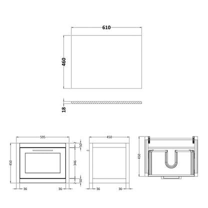 Traditional Bathroom Wall Hung 1 Drawer Vanity Unit and White Marble Worktop, 600mm, Woodgrain Grey