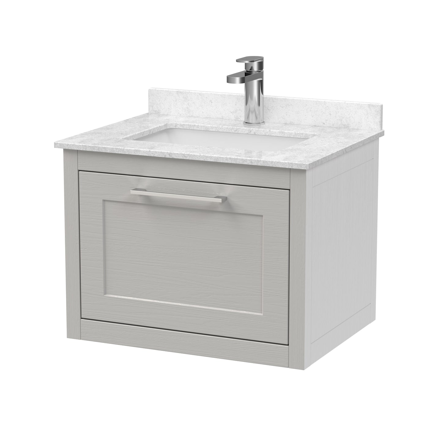 Traditional Bathroom Wall Hung 1 Drawer Vanity Unit and 1 Tap Hole Marble Top Basin, 600mm, Woodgrain Grey