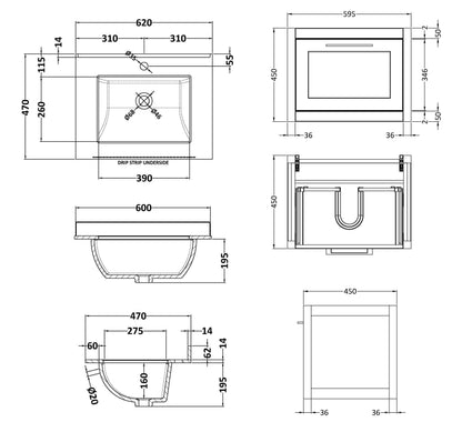 Traditional Bathroom Wall Hung 1 Drawer Vanity Unit and 1 Tap Hole Marble Top Basin, 600mm, Woodgrain Grey