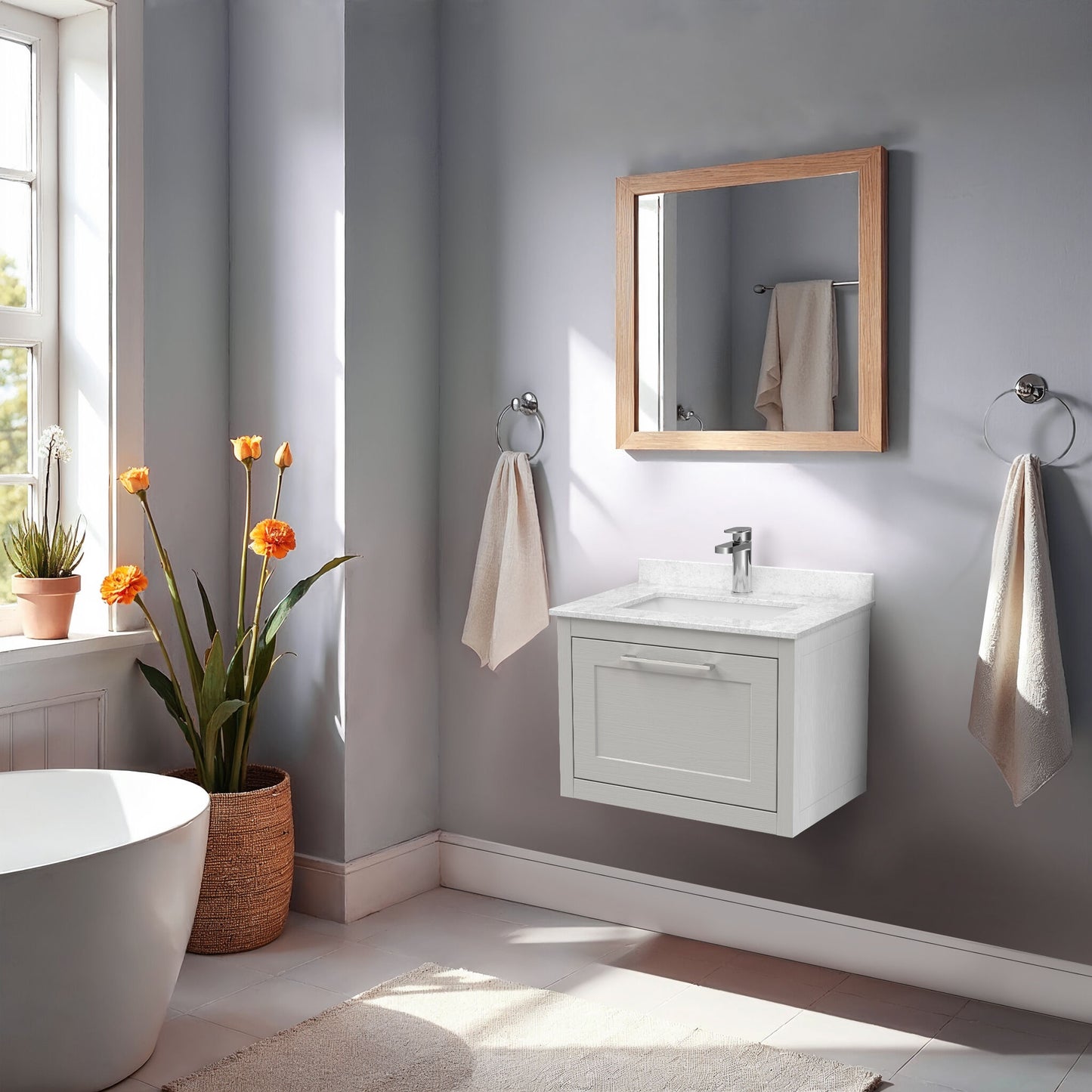 Traditional Bathroom Wall Hung 1 Drawer Vanity Unit and 1 Tap Hole Marble Top Basin, 600mm, Woodgrain Grey