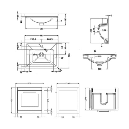 [BFCR891A] Blithbury Traditional Wall Hung Vanity Basin Unit with Fireclay Basin - Choice of Size, Colour and Basin Type - Technical Drawing