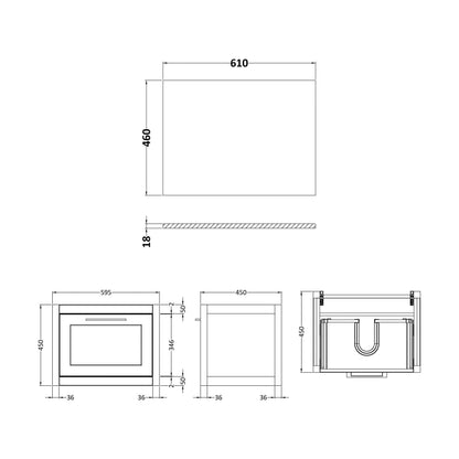 [BFCR894GMT] Blithbury Traditional Bathroom Wall Hung Vanity Unit and Worktop - Choice of Size and Colour - Technical Drawing