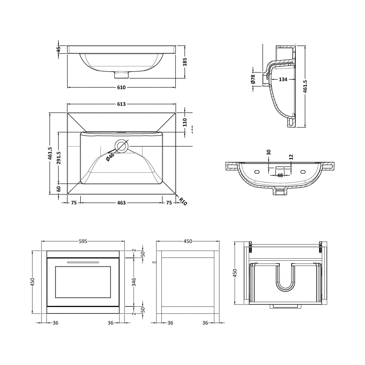 [BFCR894K] Blithbury Traditional Bathroom Wall Hung Vanity with Modern Fireclay Basin Unit - Choice of Size, Colour and Basin Type - Technical Drawing