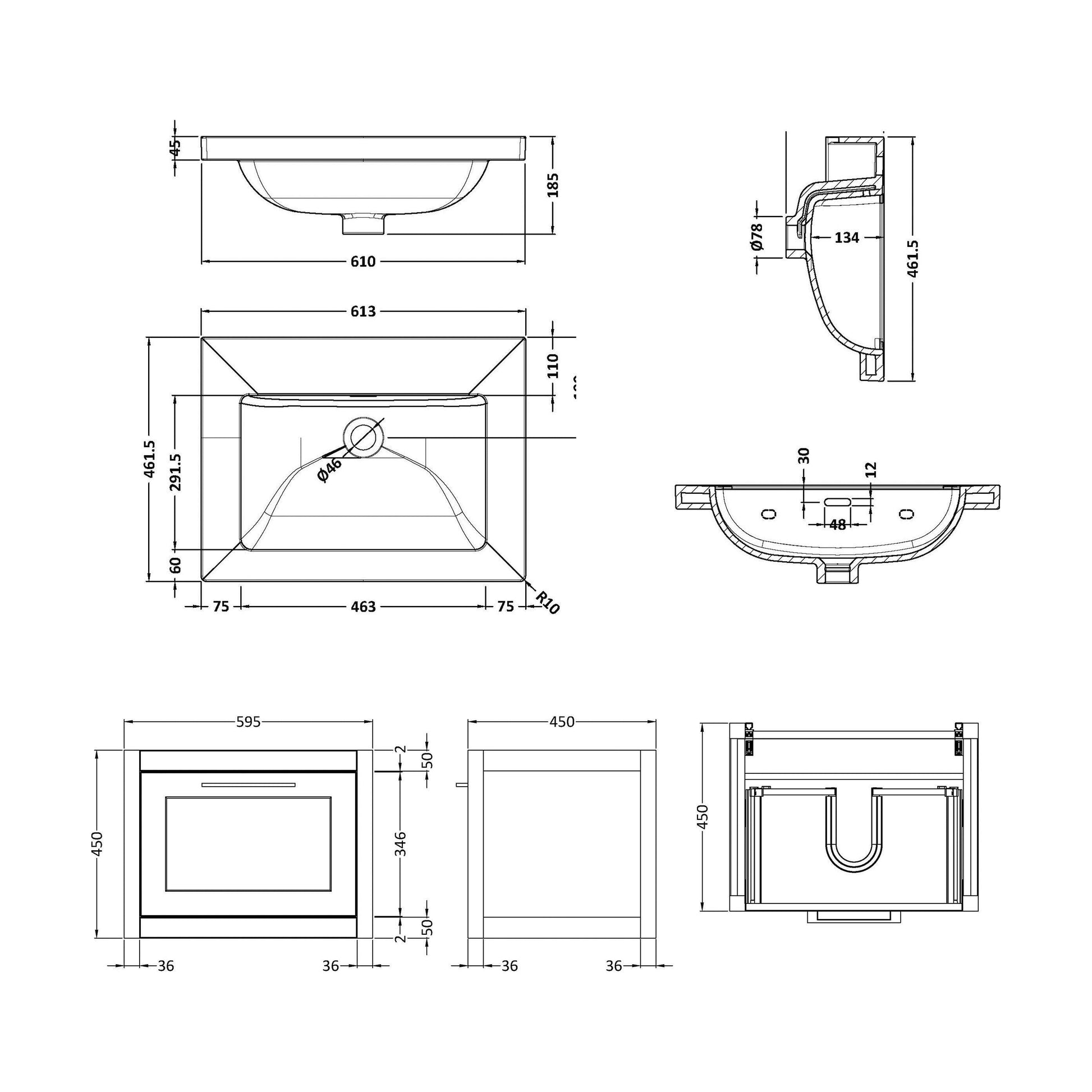 [BFCR894K] Blithbury Traditional Bathroom Wall Hung Vanity with Modern Fireclay Basin Unit - Choice of Size, Colour and Basin Type - Technical Drawing