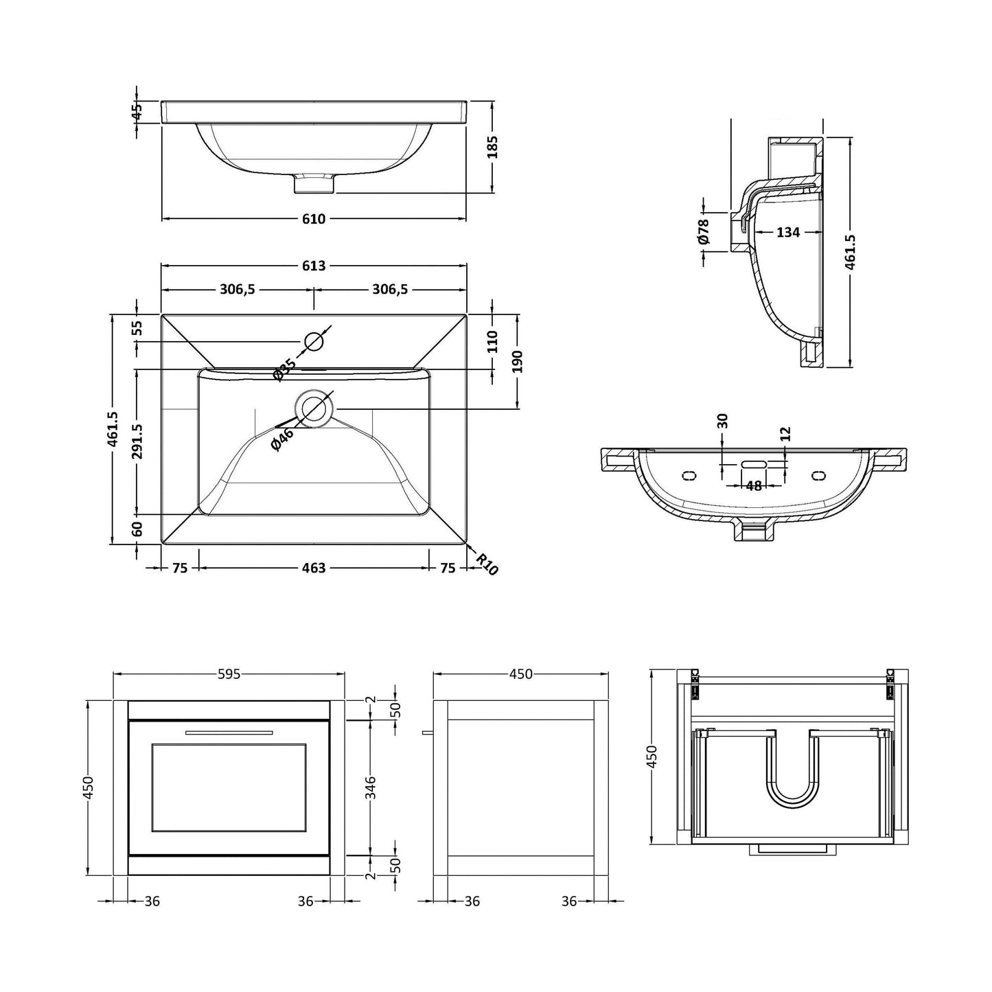 [BFCR894L] Blithbury Traditional Bathroom Wall Hung Vanity with Modern Fireclay Basin Unit - Choice of Size, Colour and Basin Type - Technical Drawing