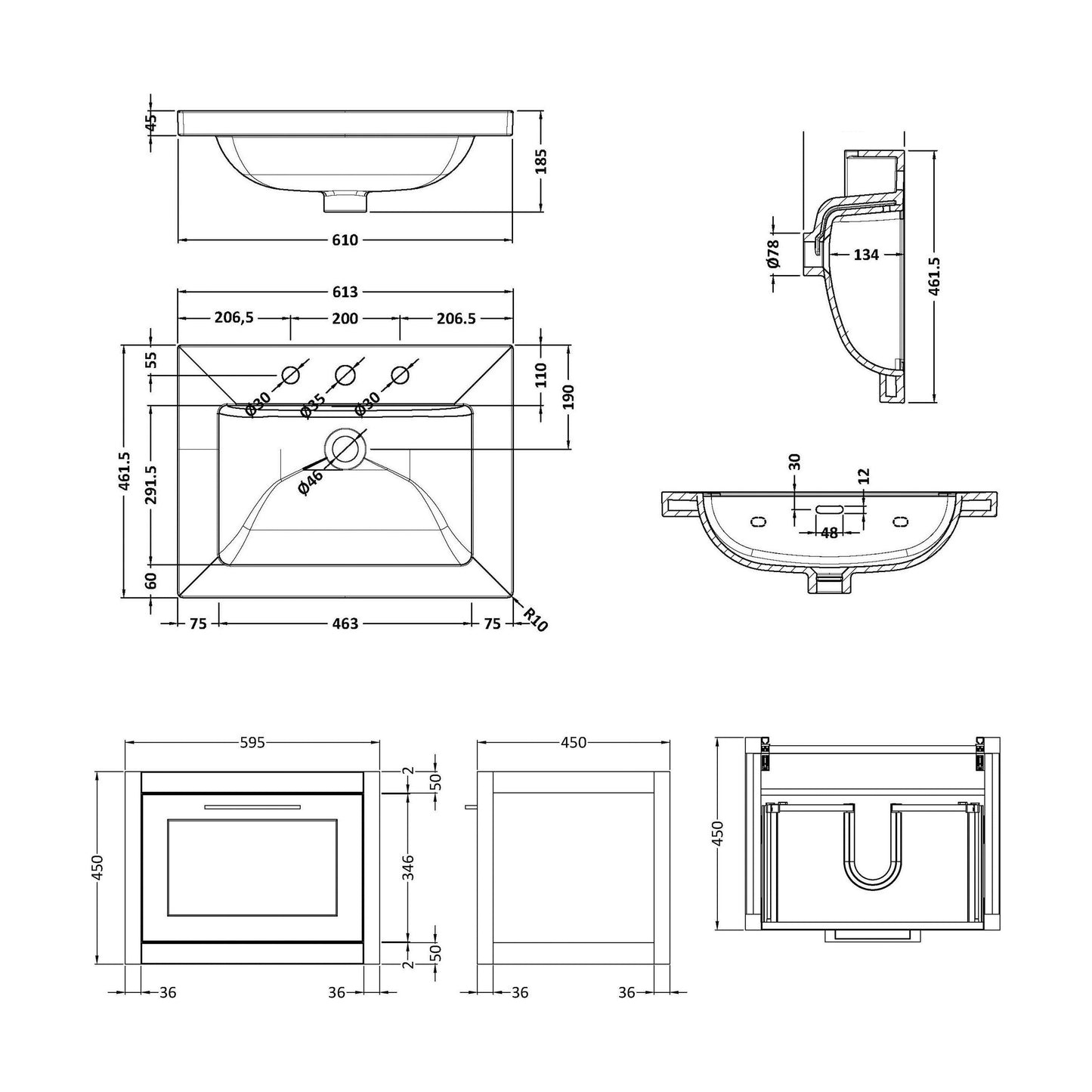 [BFCR894M] Blithbury Traditional Bathroom Wall Hung Vanity with Modern Fireclay Basin Unit - Choice of Size, Colour and Basin Type - Technical Drawing