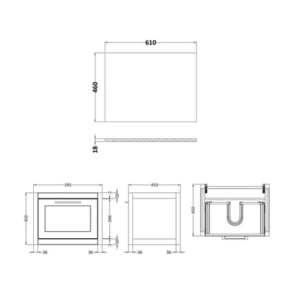 [BFCR894WMT] Blithbury Traditional Bathroom Wall Hung Vanity Unit and Worktop - Choice of Size and Colour - Technical Drawing