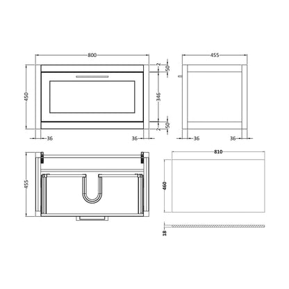 [BFCR896WMT] Blithbury Traditional Bathroom Wall Hung Vanity Unit and Worktop - Choice of Size and Colour - Technical Drawing