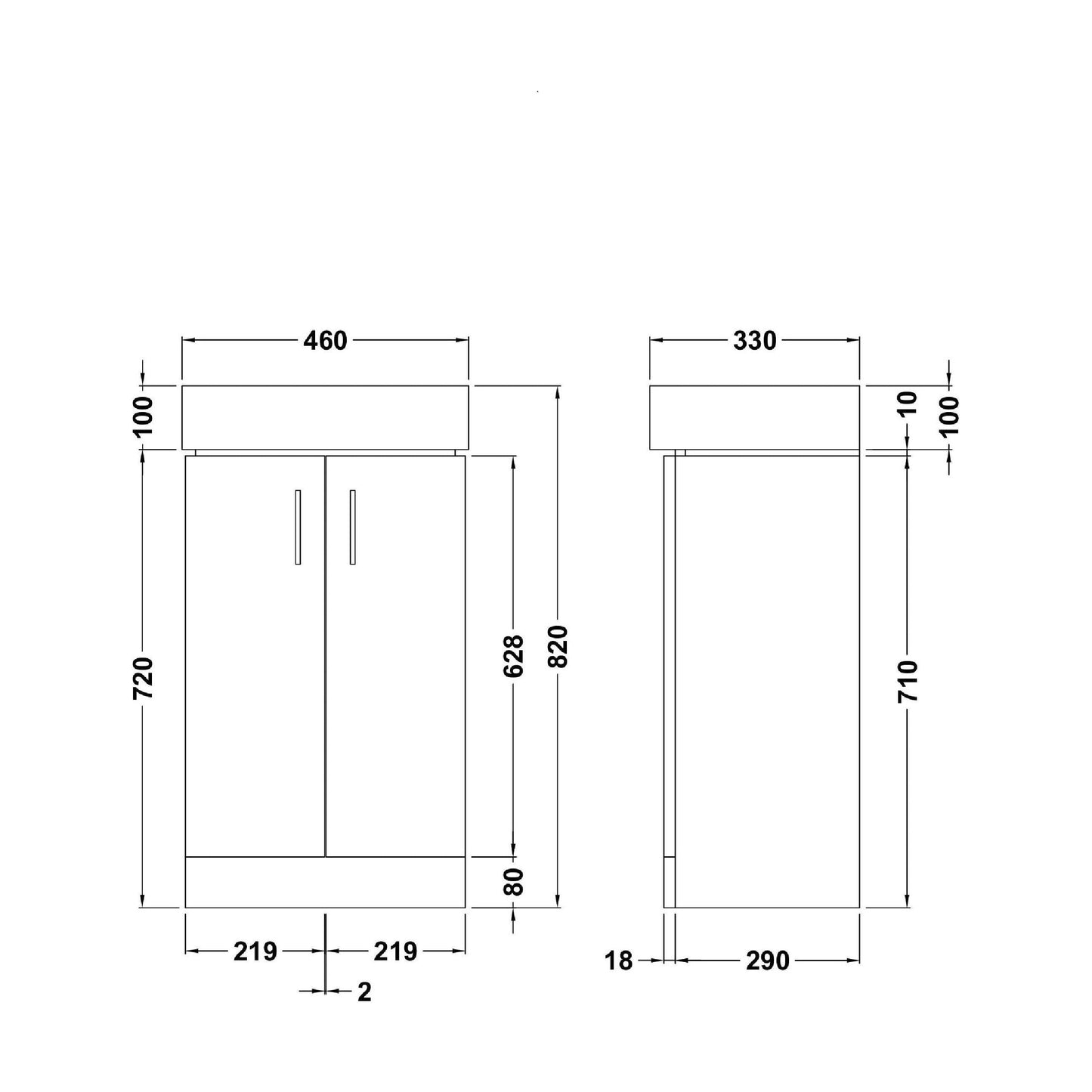 [BFCRF450] Two Door Cloakroom Vanity Ceramic Basin Unit in Gloss White Finish - Technical Drawing