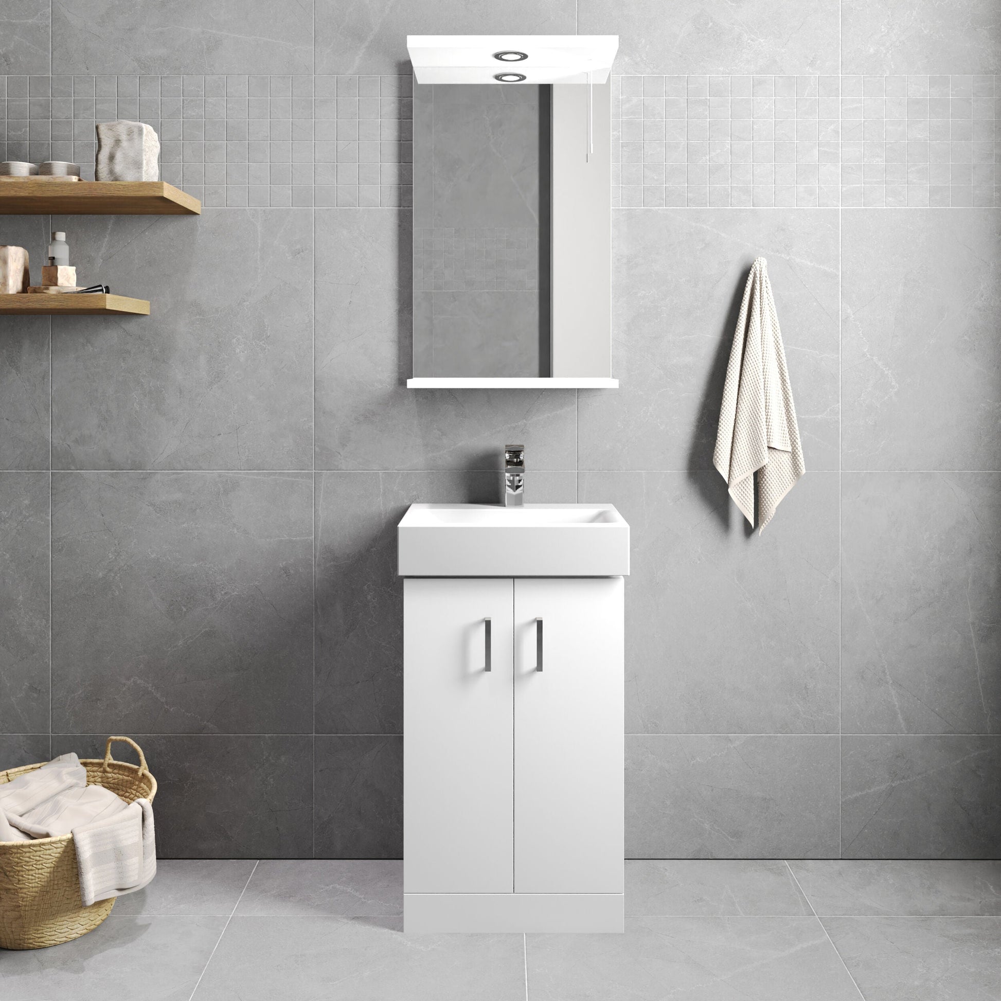 [BFCRF450] Two Door Cloakroom Vanity Ceramic Basin Unit in Gloss White Finish - Lifestyle 1